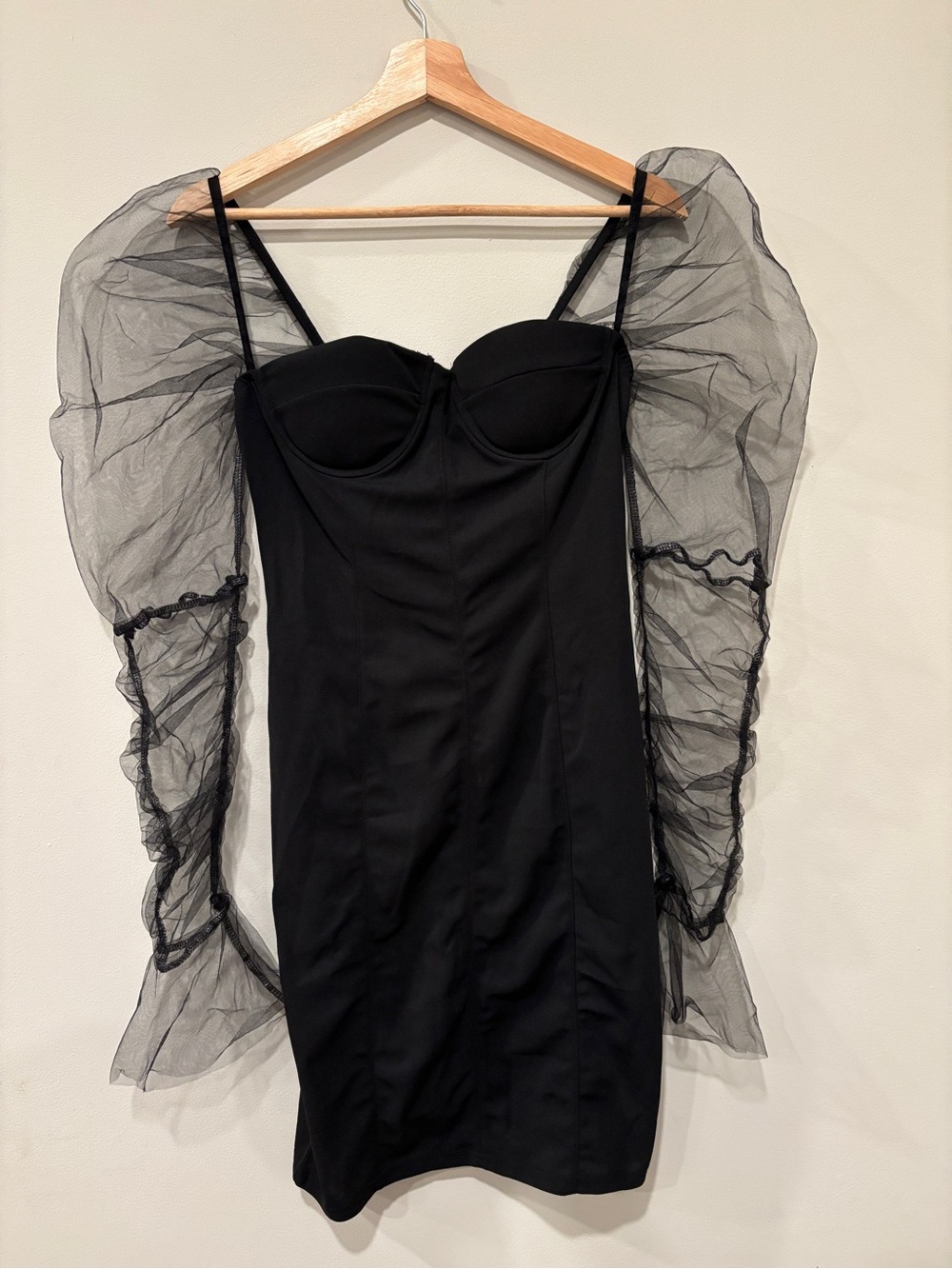 Black Mini Dress with Sheer Puff Sleeves Size S with Corset Bust Stretch Bodycon